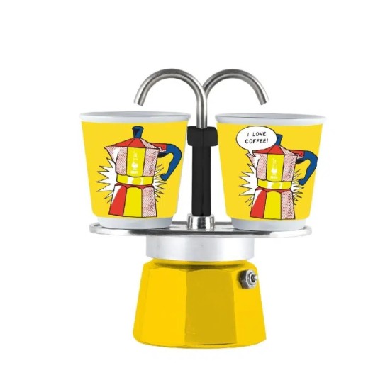 Bialetti Mini Express Lichtenstein + 2 Espresso Fincanı – orijinal Bialetti moka pot