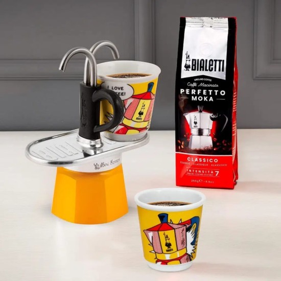 Bialetti Mini Express Lichtenstein + 2 Espresso Fincanı – orijinal Bialetti moka pot