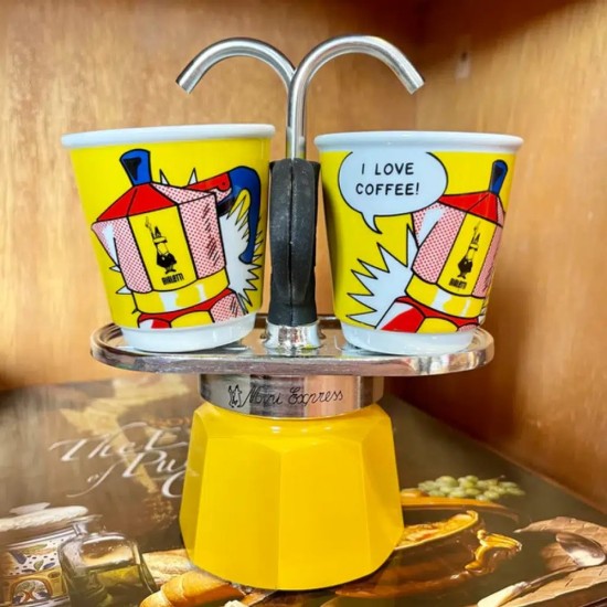 Bialetti Mini Express Lichtenstein + 2 Espresso Fincanı – orijinal Bialetti moka pot