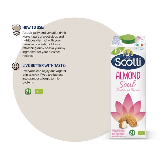 Riso Scotti Almond Soul Bio – Organik Badem & Pirinç Bitkisel İçecek Riso Scotti Almond Soul Bio pirinç badem bitkisel içecek ambalajı